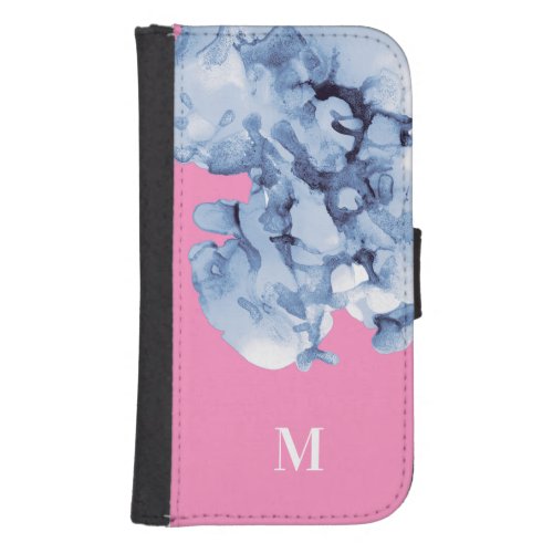 Watercolor splash blue with pink Monogram girly Galaxy S4 Wallet Case