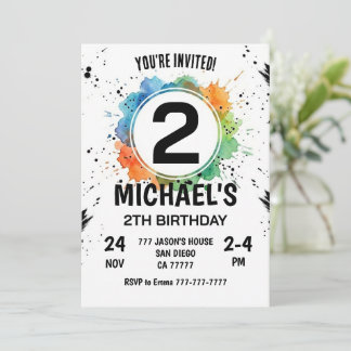 Watercolor Splash Boy 2th Birthday Invitation