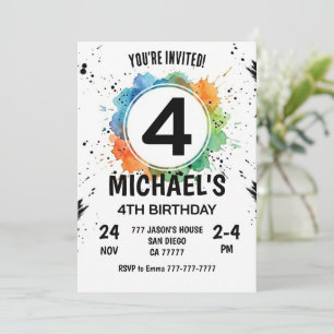 Watercolor Splash Boy 4th Birthday Invitation