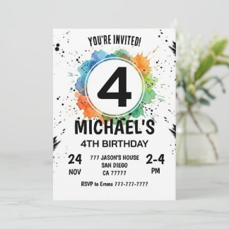 Watercolor Splash Boy 4th Birthday Invitation