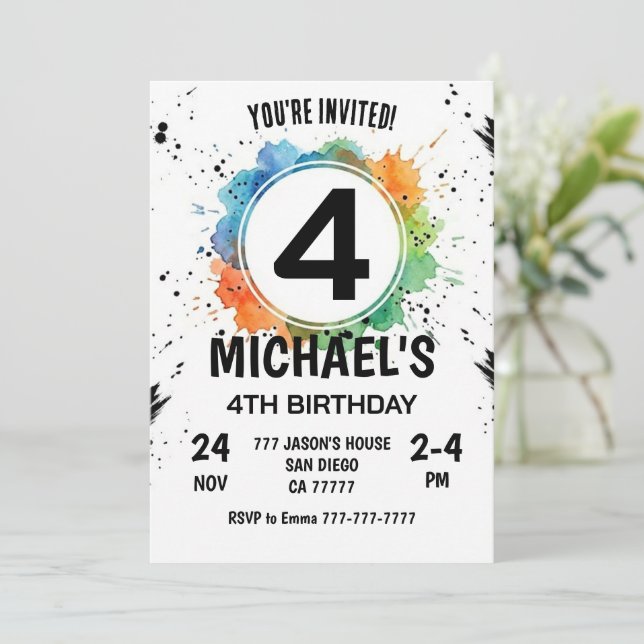 Watercolor Splash Boy 4th Birthday Invitation (Standing Front)