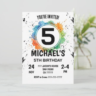 Watercolor Splash Boy 5th Birthday Invitation