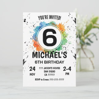 Watercolor Splash Boy 6th Birthday Invitation