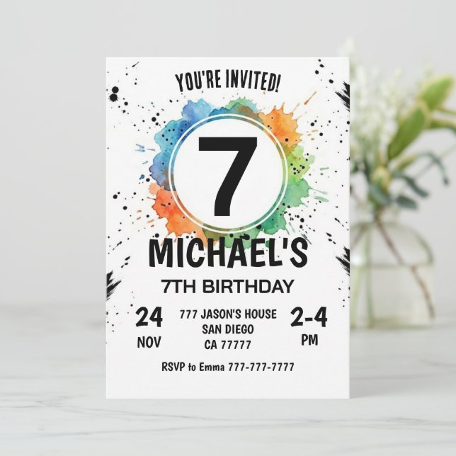 Watercolor Splash Boy 7th Birthday Invitation (Standing Front)