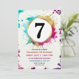 Watercolor Splash Boy 7th Birthday Party Invitation