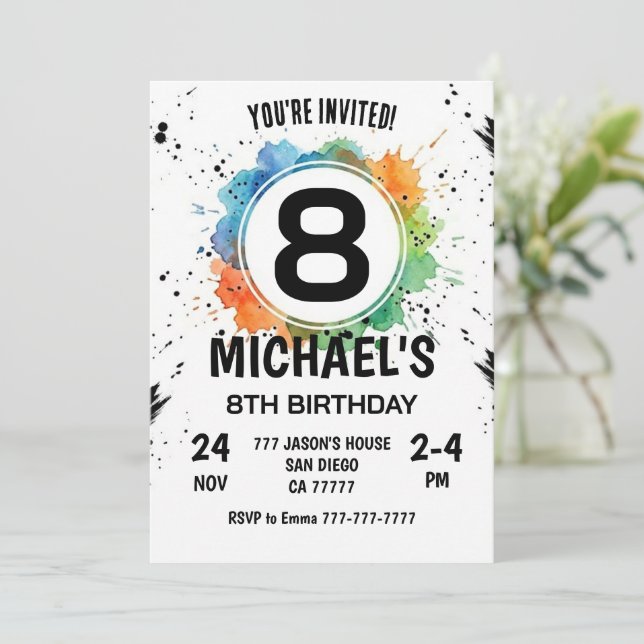 Watercolor Splash Boy 8th Birthday Invitation (Standing Front)