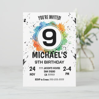 Watercolor Splash Boy 9th Birthday Invitation