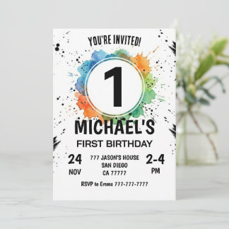 Watercolor Splash Boy First Birthday Invitation