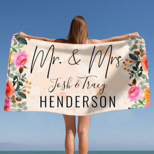 Watercolor Splash Bride and Groom Wedding Floral Beach Towel
