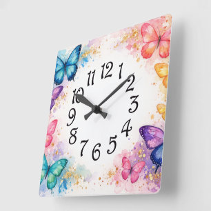 Watercolor Splash Butterfly and Glitter Girl’s Square Wall Clock
