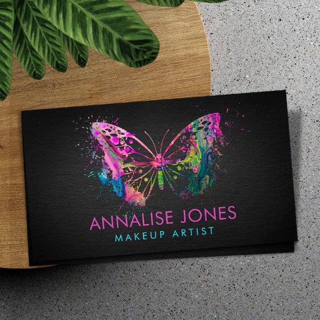 Watercolor Splash Butterfly on Black Slate Business Card (Creator Uploaded)