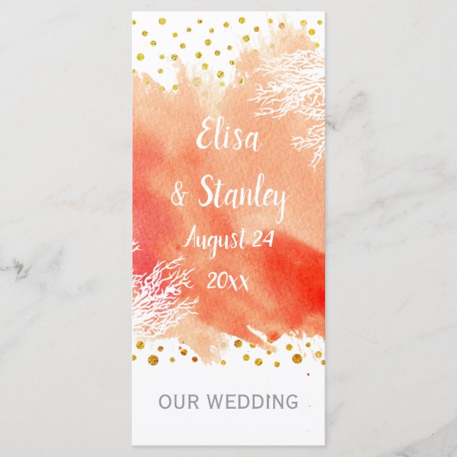 Watercolor splash, coral reef wedding program (Front)
