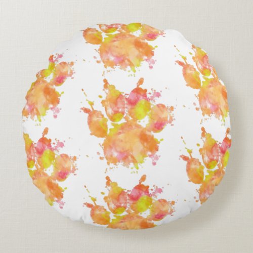 Watercolor Splash Dog Paw Print Round Pillow