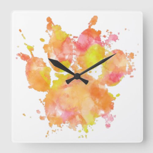 Watercolor Splash Dog Paw Print  Square Wall Clock