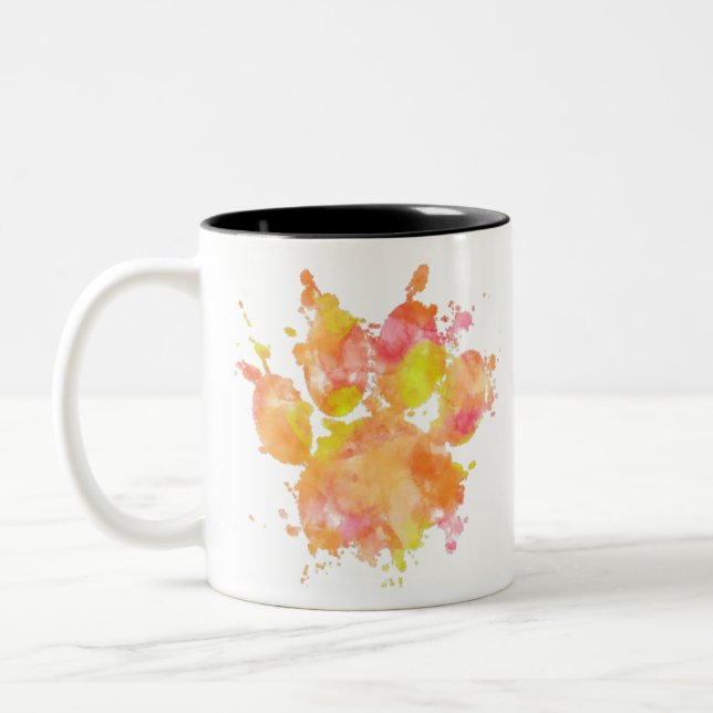 Watercolor Splash Dog Paw Print Two-Tone Coffee Mug (Left)