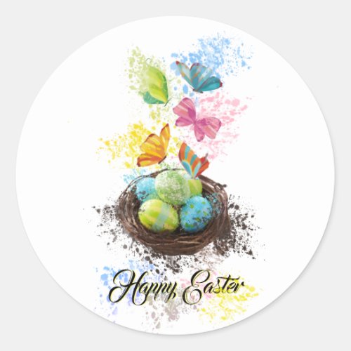 Watercolor Splash Easter Eggs Nest  Butterflies Classic Round Sticker