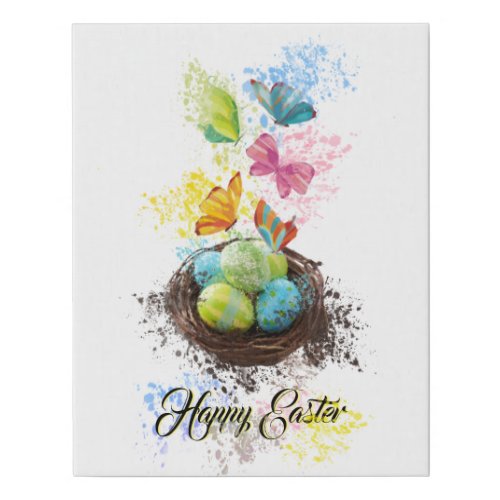 Watercolor Splash Easter Eggs Nest  Butterflies Faux Canvas Print