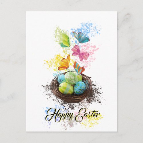 Watercolor Splash Easter Eggs Nest  Butterflies Holiday Postcard