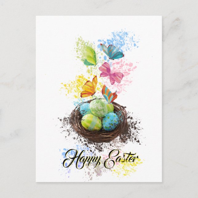 Watercolor Splash Easter Eggs Nest & Butterflies Holiday Postcard (Front)