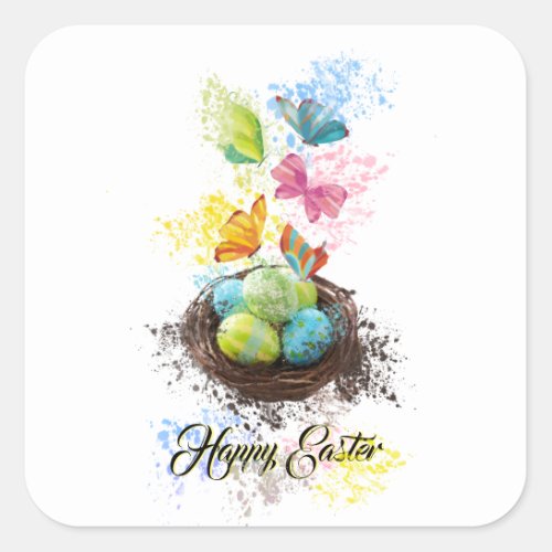 Watercolor Splash Easter Eggs Nest  Butterflies Square Sticker