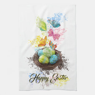 Watercolor Splash Easter Eggs Nest & Butterflies Towel