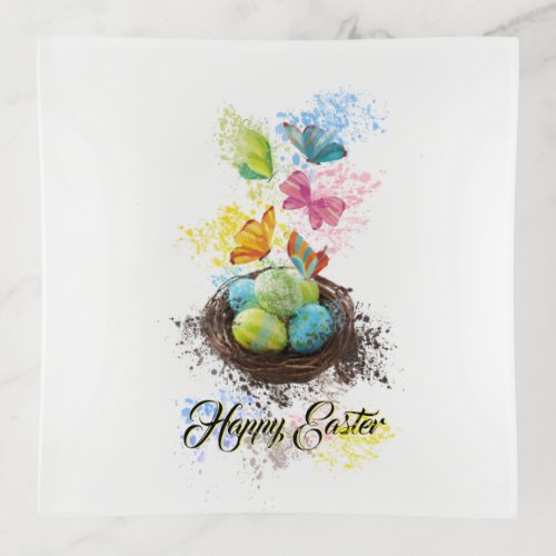 Watercolor Splash Easter Eggs Nest  Butterflies Trinket Tray