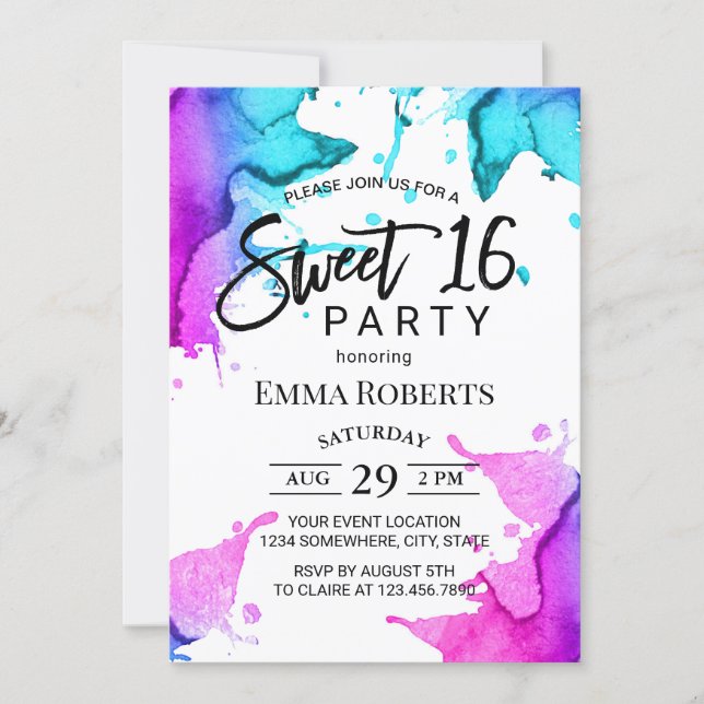 Watercolor Splash Elegant Typography Sweet 16 Invitation (Front)