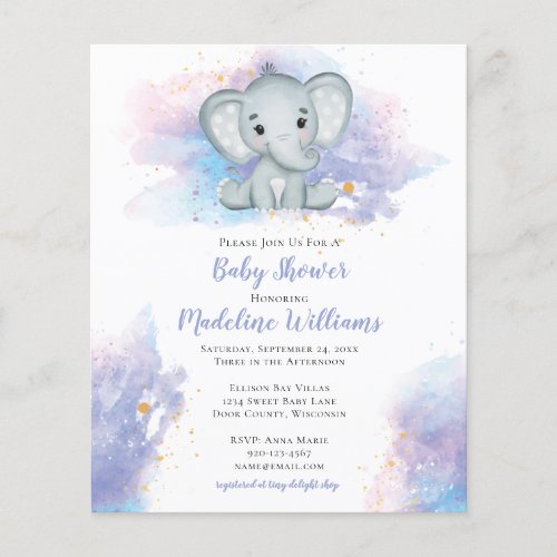 Watercolor Splash Elephant Baby Shower Invitation