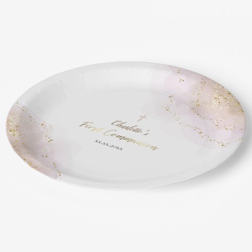 watercolor splash faux glitter First Communion  Paper Plates