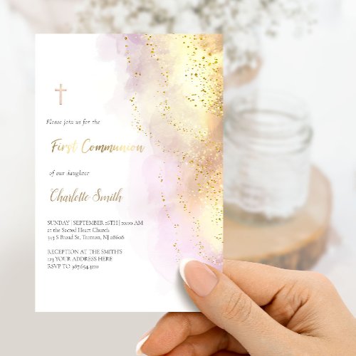 watercolor splash  First Communion girl  Invitation