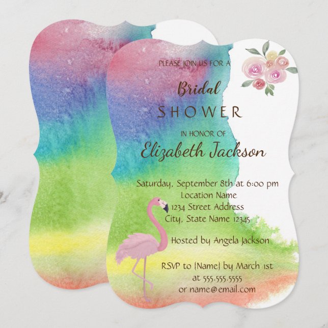 Watercolor Splash Flower Flamingo Bridal Shower Invitation (Front/Back)