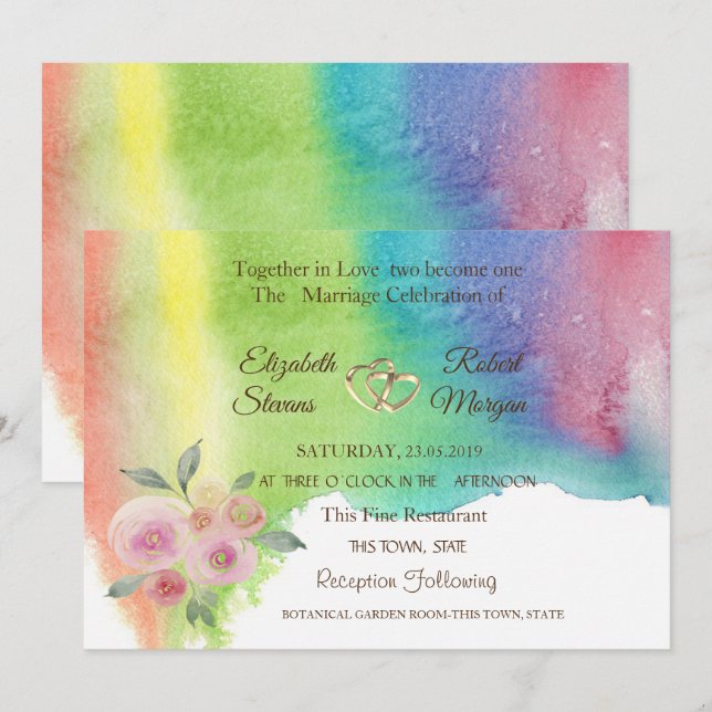 Watercolor Splash,Flower,Hearts Wedding Invitation (Front/Back)