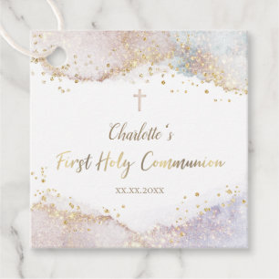 watercolor splash glitter First Communion Favor Tags