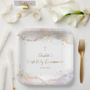 watercolor splash glitter First Communion Paper Plates