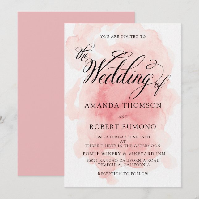 Watercolor Splash of Pink Wedding Invitation (Front/Back)