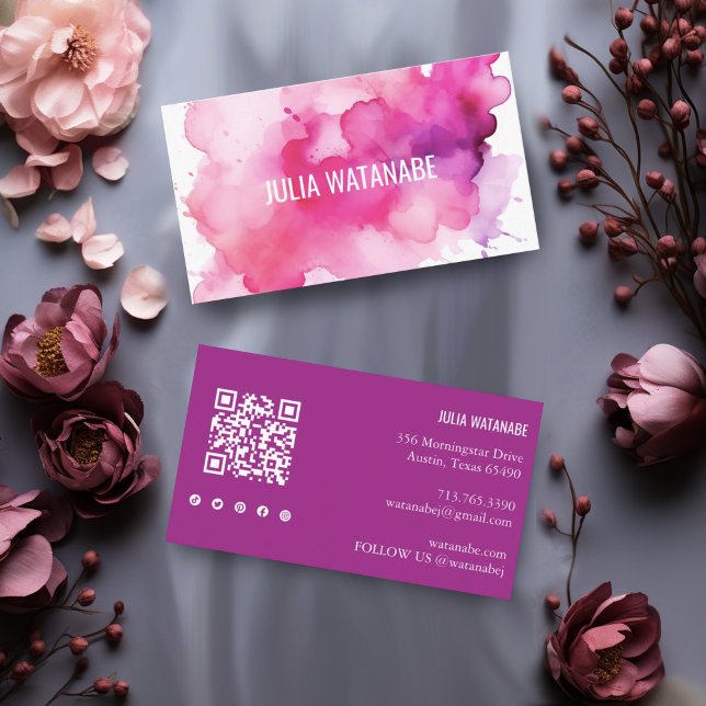 Watercolor Splash QR Code Social Media Modern Business Card (Pink watercolor splash custom business cards with QR code and social media icons)