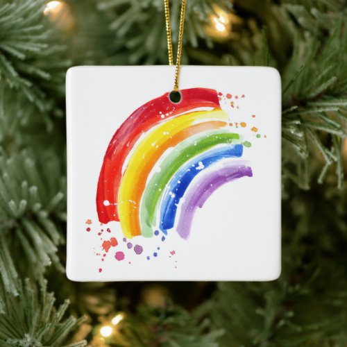 Watercolor Splash Rainbow Ceramic Ornament