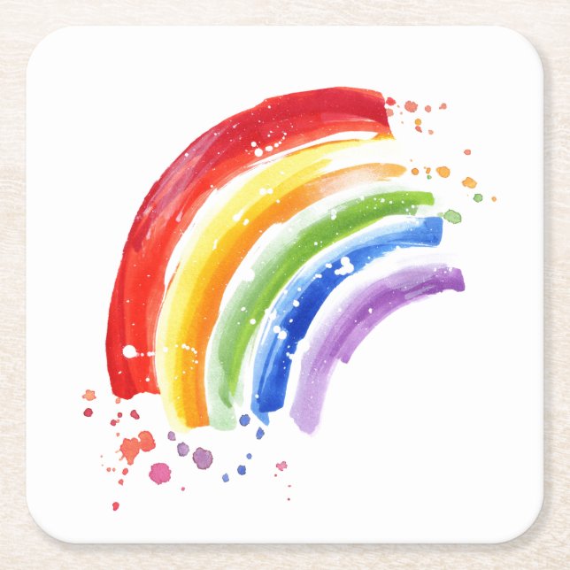 Watercolor Splash Rainbow Square Paper Coaster (Front)