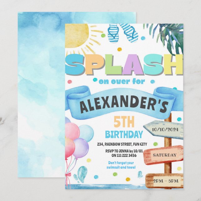 Watercolor Splash Waterslide Slide Park Birthday Invitation (Front/Back)