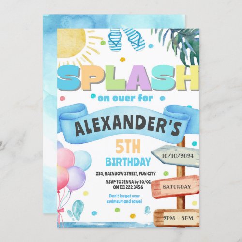 Watercolor Splash Waterslide Slide Park Birthday Invitation