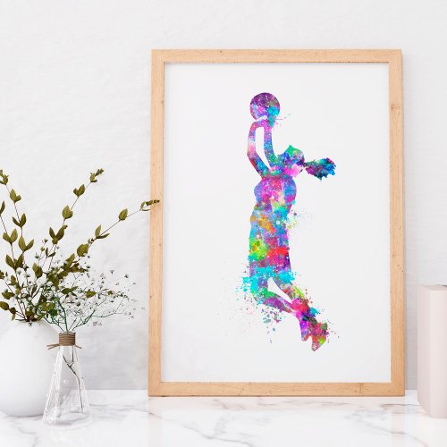 Watercolor splashed basketball player girl texted poster