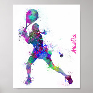 Watercolor splashed tennis girl playertexted  poster