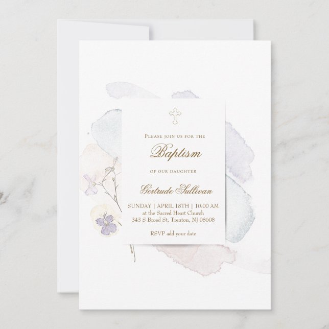 watercolor splashes and flowers n6 | Baptism Invitation (Front)
