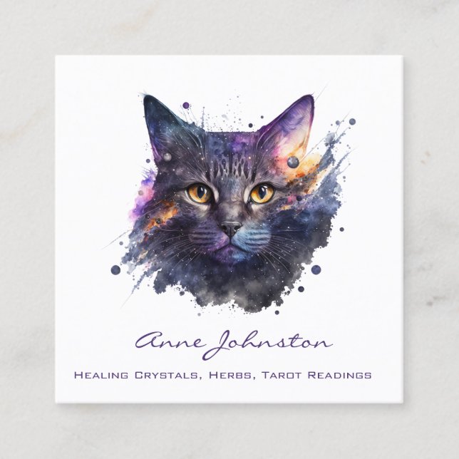 Watercolor Splashes Kitty Square Business Card (Front)