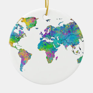 Watercolor Splashes World Map Ceramic Ornament