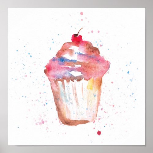 Watercolor splashy Cupcake rendering cherry on to Poster