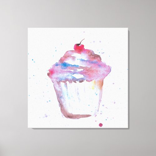 Watercolor splashy Cupcake rendering purple pink Canvas Print