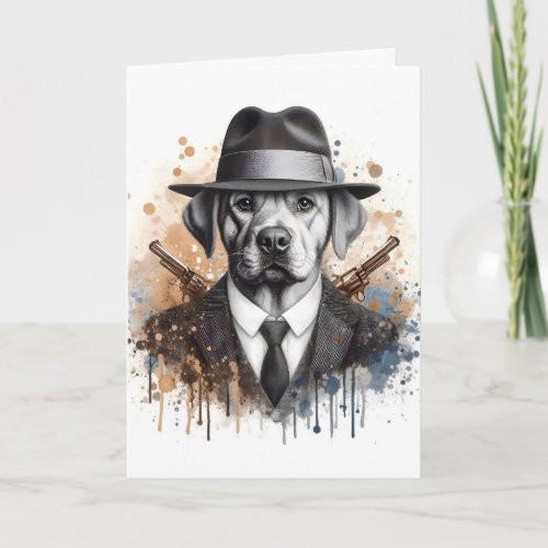 Watercolor Splatter Art Gangster Dog in Suit Tie  Card