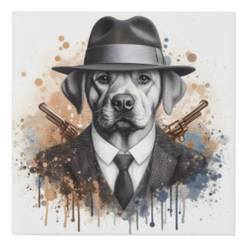 Watercolor Splatter Art Gangster Dog in Suit Tie Faux Canvas Print