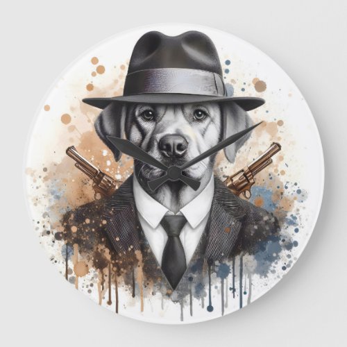 Watercolor Splatter Art Gangster Dog in Suit Tie Large Clock